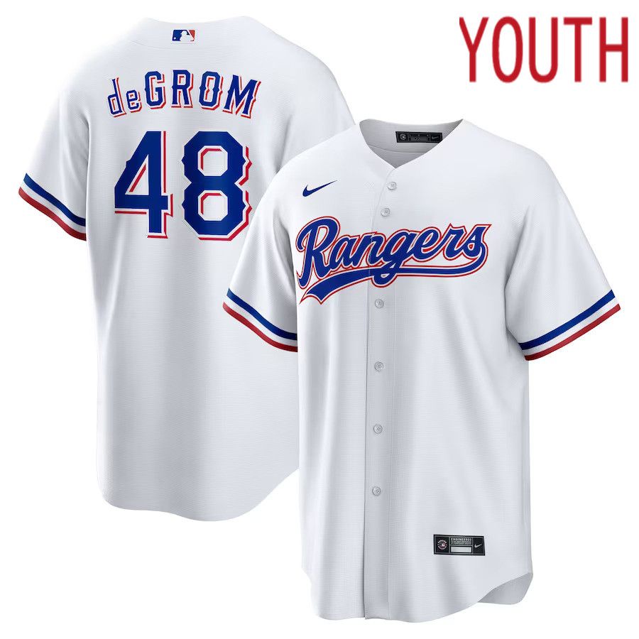 Youth Texas Rangers 48 Jacob deGrom Nike White Home Replica Player MLB Jersey